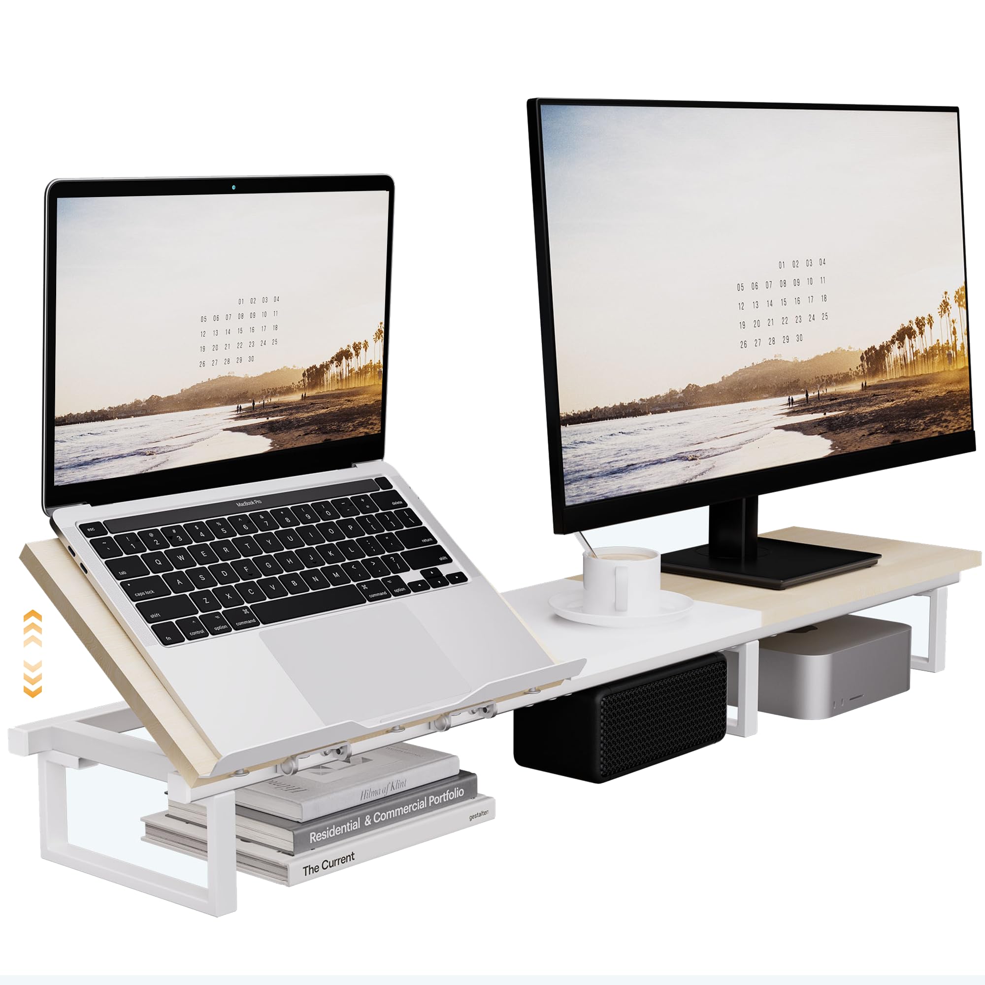 Dual Monitor Stand with Adjustable Laptop Riser - Monitor Stand for 2 Monitors, Ergonomic 7-Angle Adjustable Laptop Stand for Desk, Wooden Computer Stand For Home Office with Metal Legs, Oak